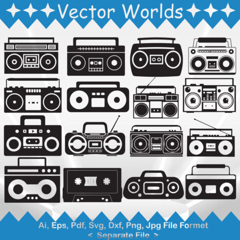 Pack of vector amazing boomboxes silhouette images.