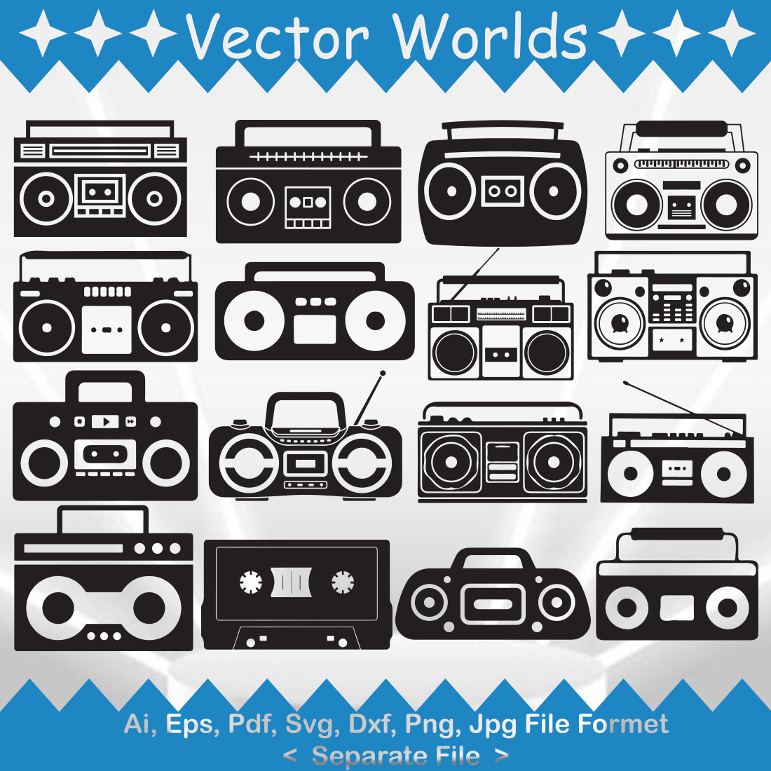 Pack of vector amazing boomboxes silhouette images.