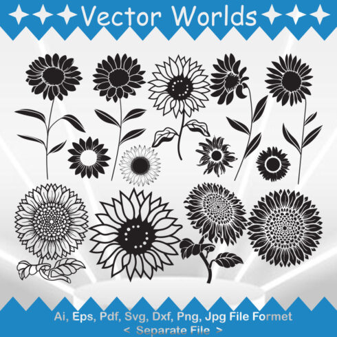 A selection of vector enchanting images of silhouettes of sunflowers.