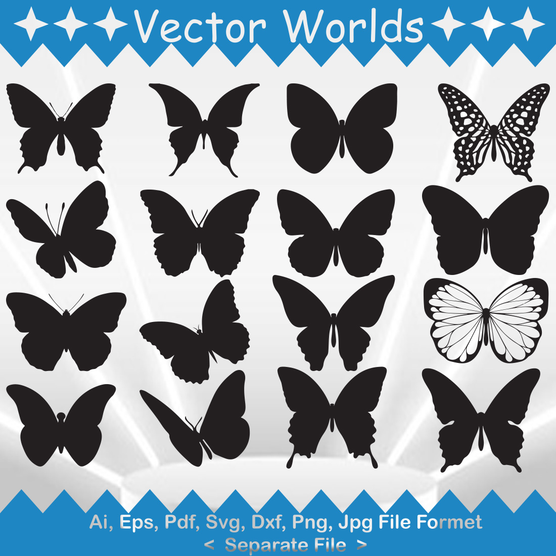 Set of butterflies silhouettes on a blue and white background.