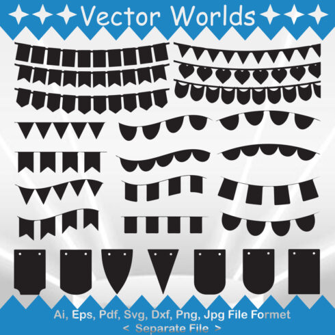 Set of vector gorgeous images of bunting banners in black color.