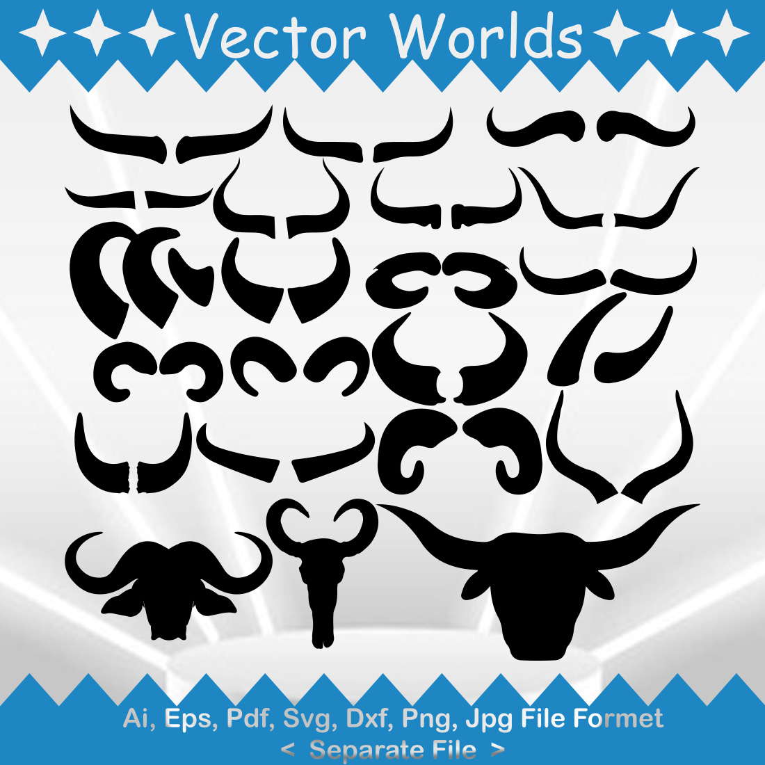 Set of black and white silhouettes of bull heads.