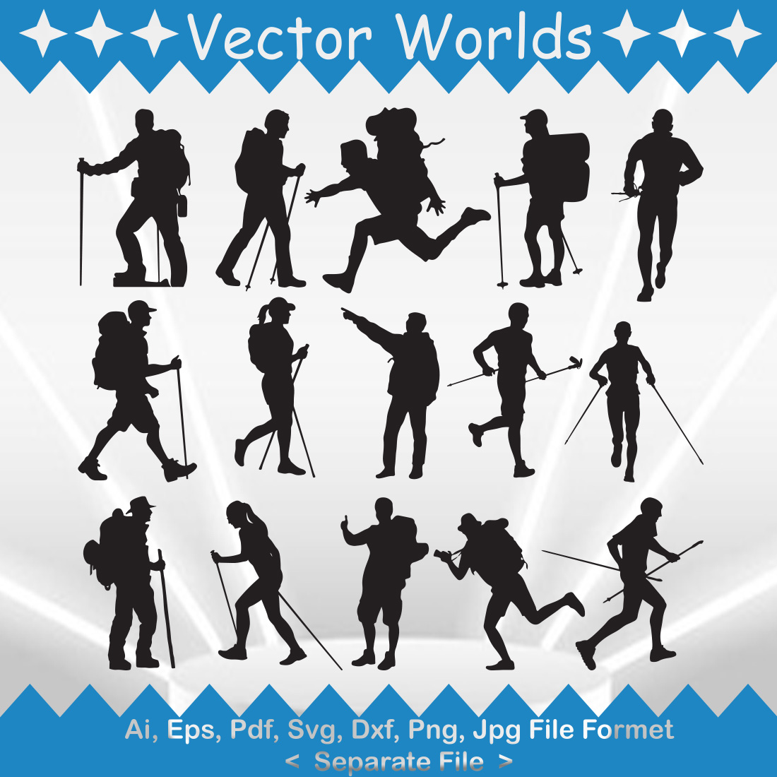 Set of vector irresistible silhouette images of trekking.