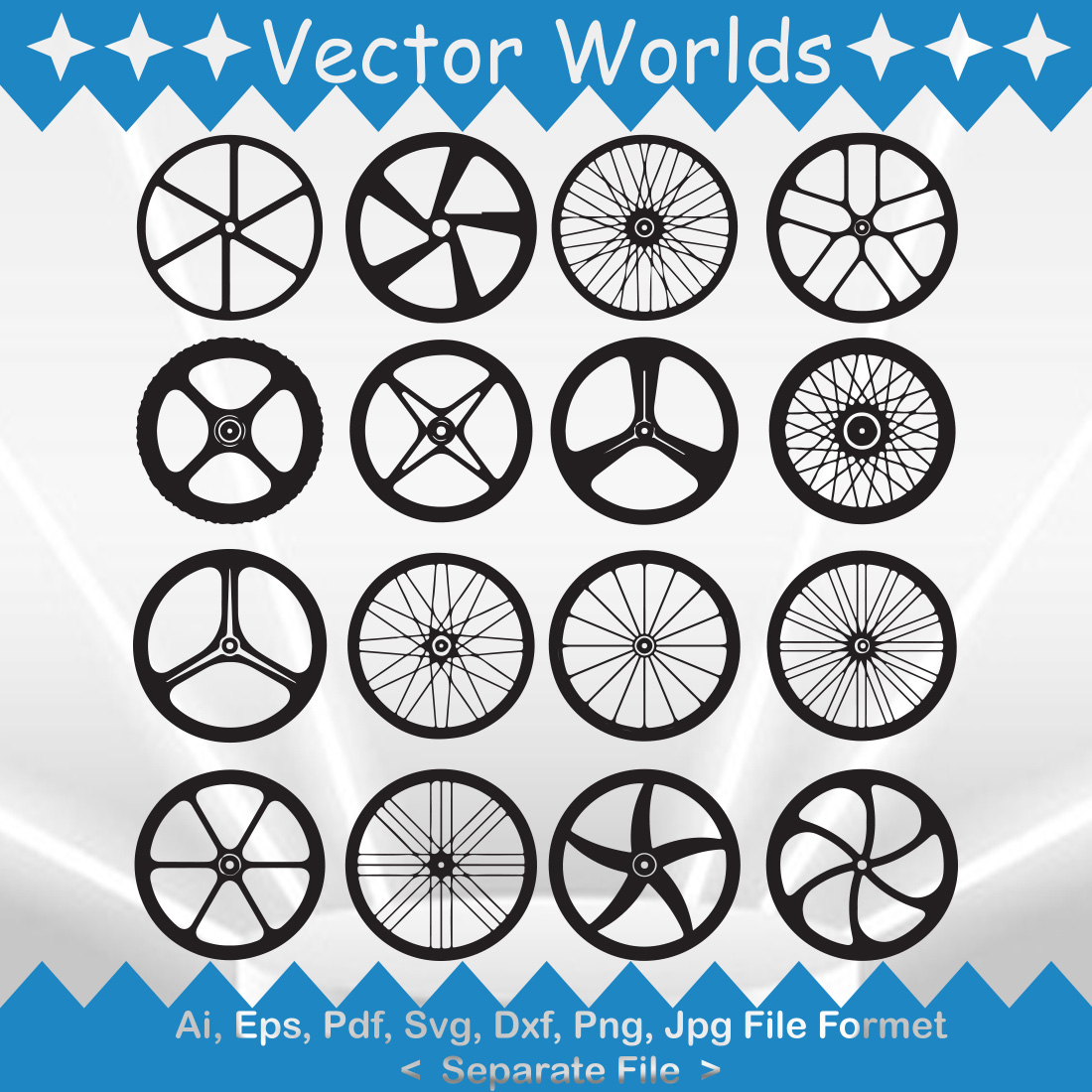 A selection of unique images of black bicycle wheels.