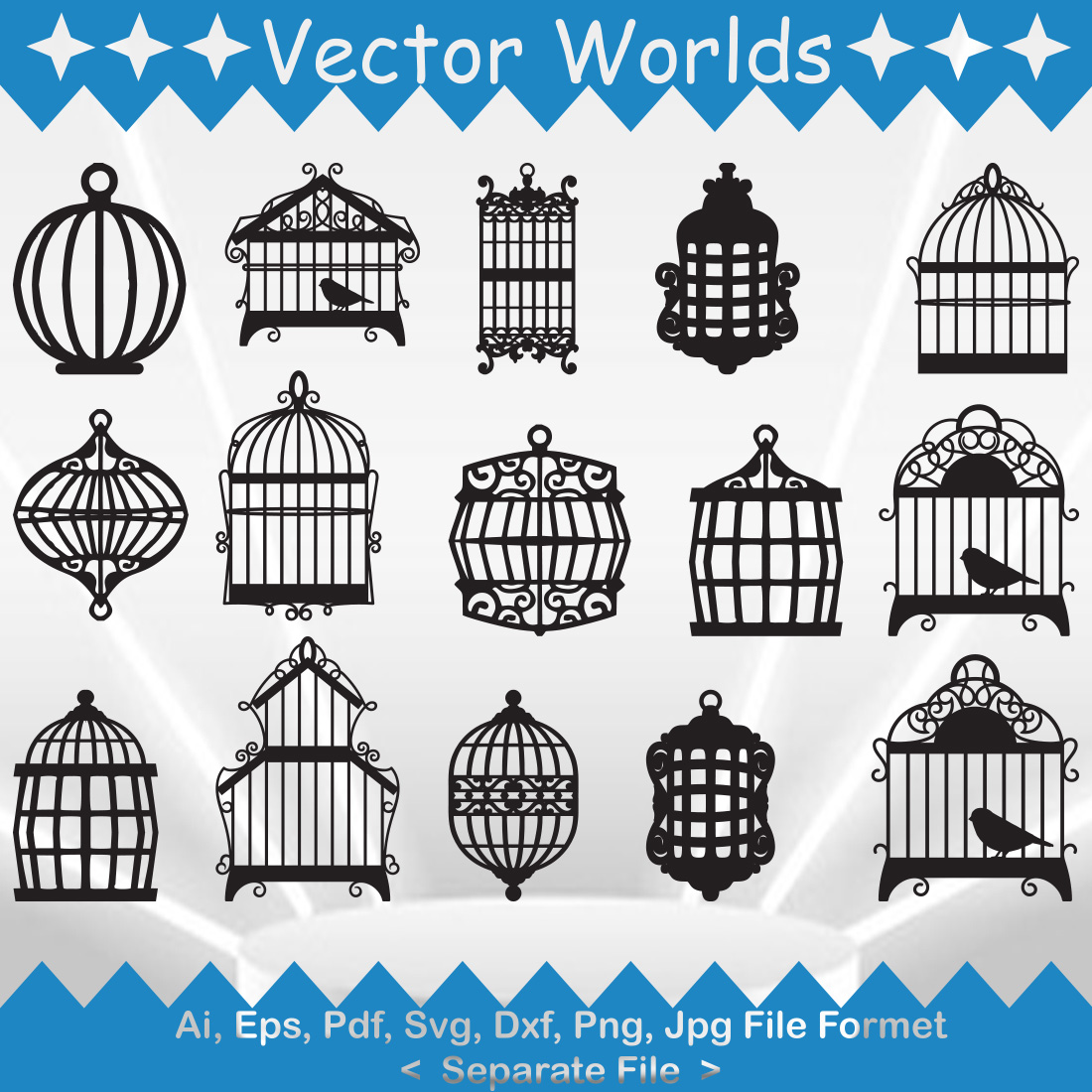 Pack of vector enchanting images of bird cages.