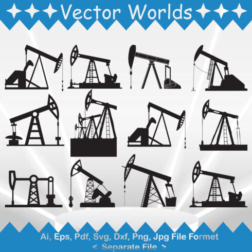 A selection of vector exquisite images of pump jack silhouettes.
