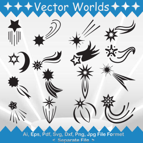 Bundle of vector enchanting images of flat falling star silhouettes.