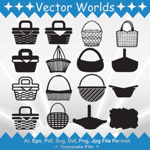 Pack of vector gorgeous images of wicker picnic baskets silhouettes.