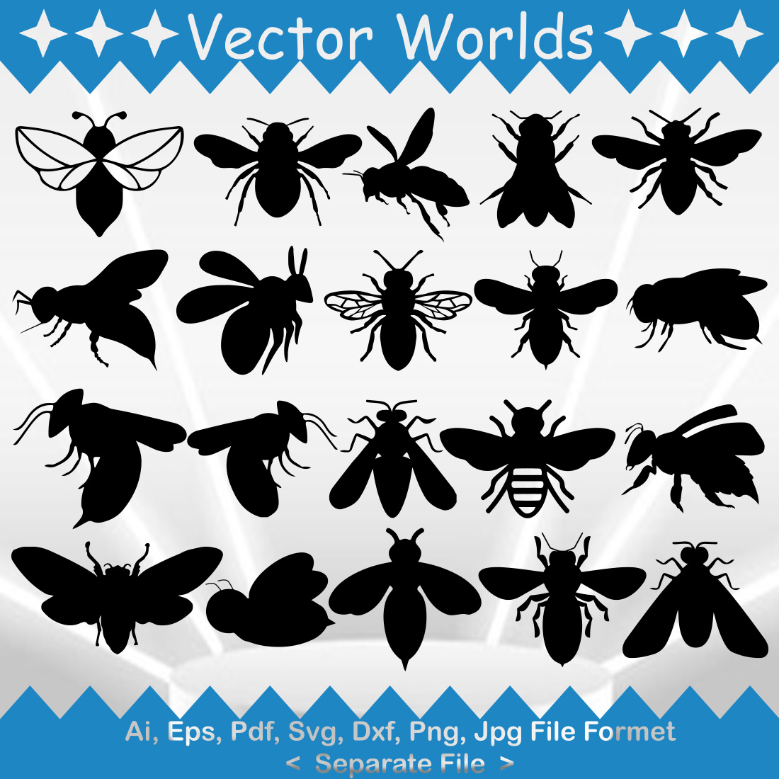 Pack of vector unique images of silhouettes of bees.