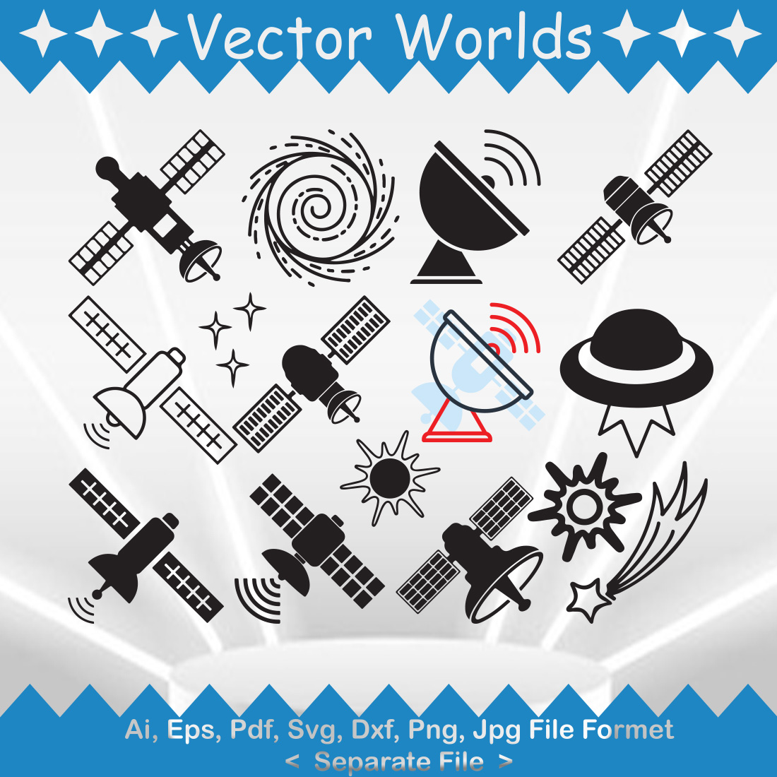 A selection of vector gorgeous images of the silhouettes of a space satellite.