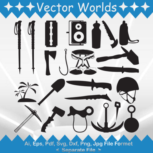 Collection of vector beautiful images of mountaineers tool silhouettes.