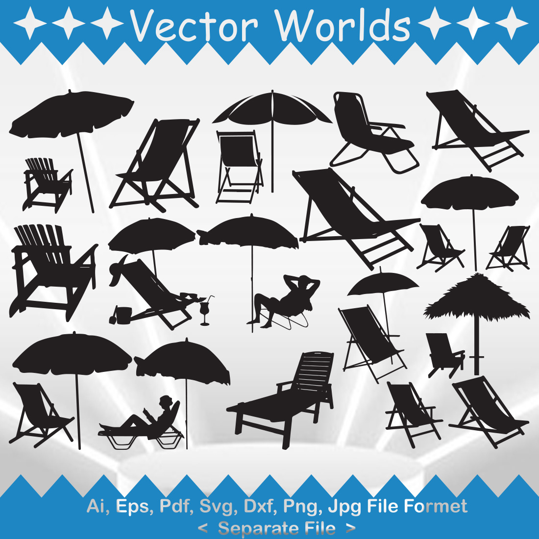 Collection of vector marvelous images of beach chairs in black color.