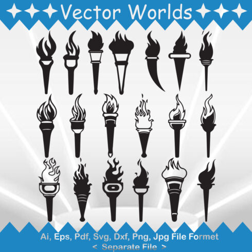 Pack of vector irresistible silhouette images of burning torches.