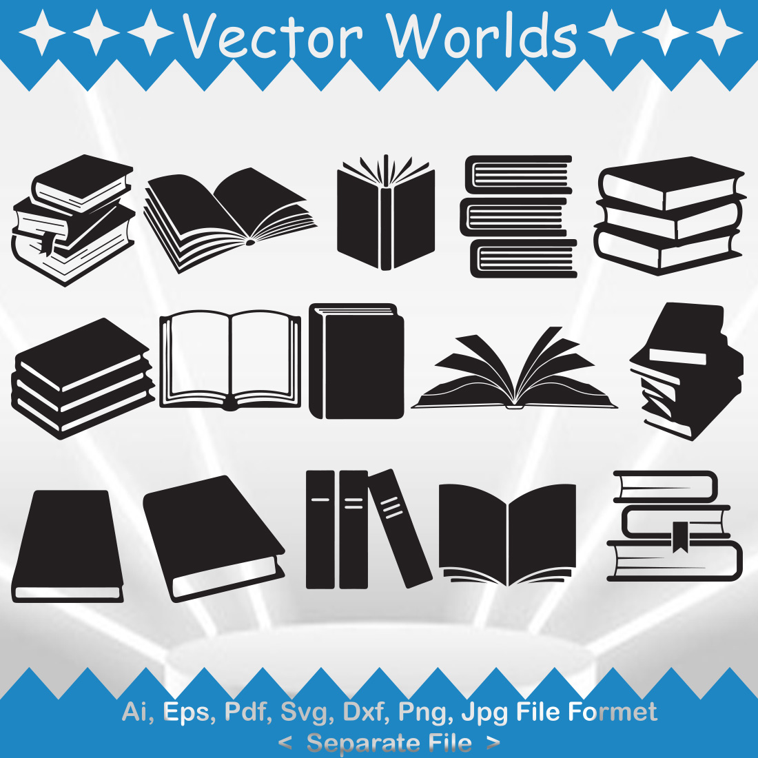 Set of vector beautiful images of books in black color.
