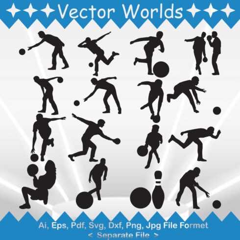 Bundle of vector enchanting images of a silhouette of a bowling player.