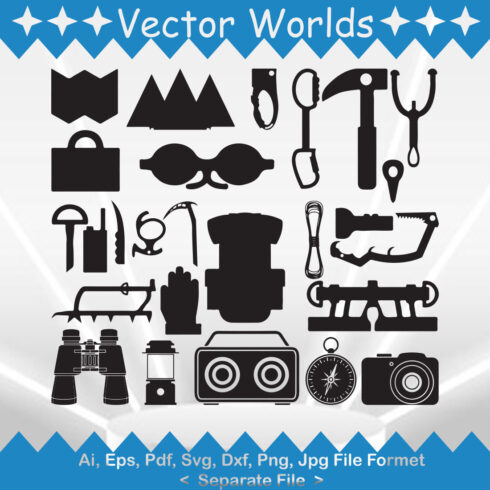 Compilation of vector irresistible images of trekking equipment silhouettes.