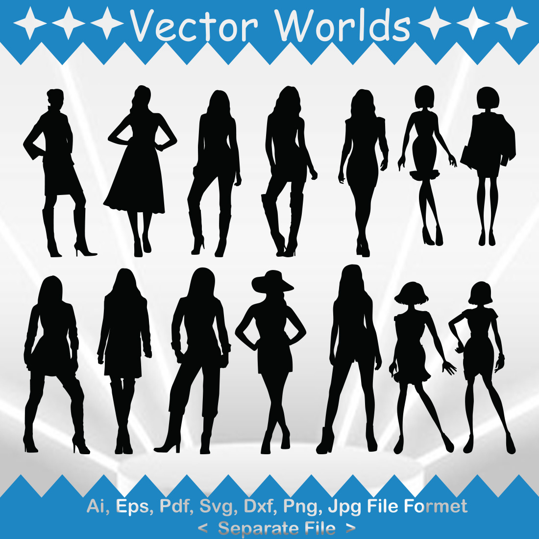 A selection of vector elegant images of fashionable women silhouettes.