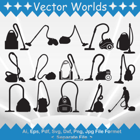 Pack of vector amazing images of silhouettes of vacuum cleaners.