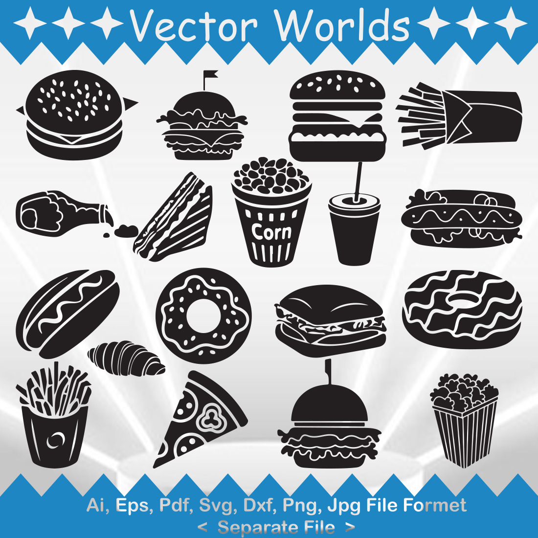 Pack of vector adorable fast food silhouette images.