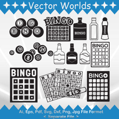 Collection of vector amazing images of various items with bingo inscription.