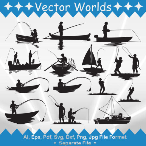 Set of vector enchanting images of silhouettes of fishermen on boats.