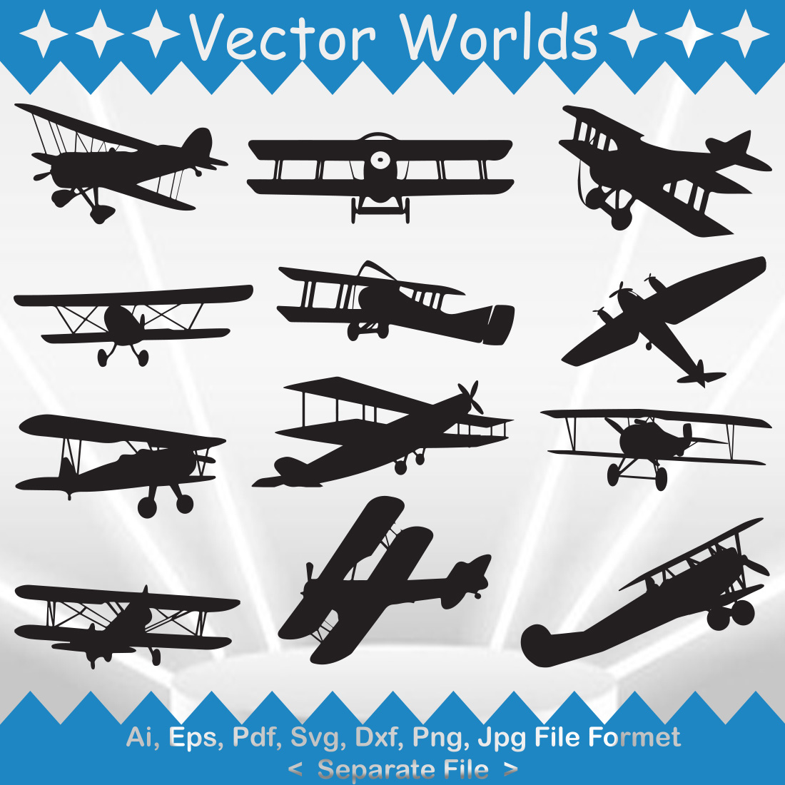 Set of vector adorable biplane silhouette images