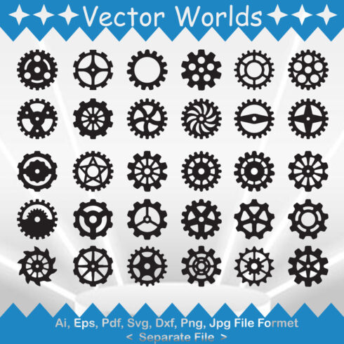 Set of vector amazing images of gear wheel silhouettes.