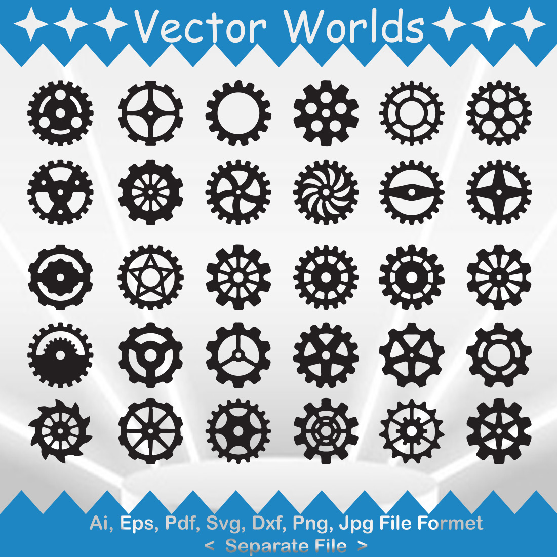 Set of vector amazing images of gear wheel silhouettes.