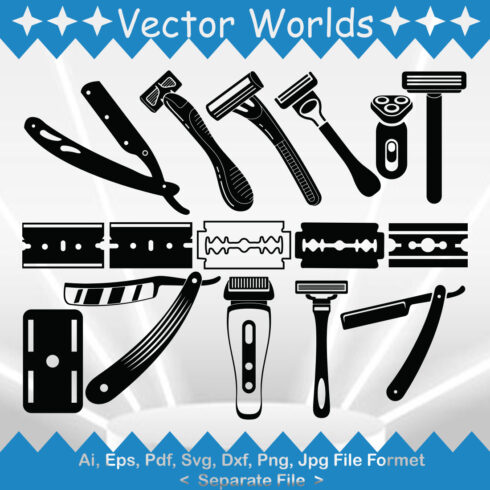 Collection of vector unique images of razor blades in black color.