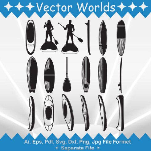 A selection of vector exquisite images of paddle board silhouettes.