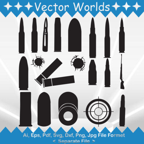 Collection of vector unique images of bullet silhouettes.