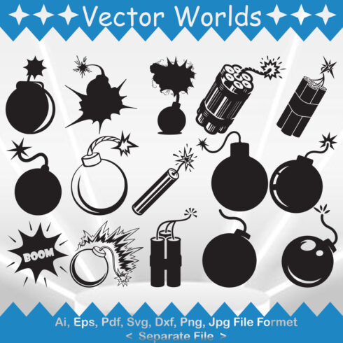 Collection of vector compelling bomb and dynamite silhouette images.