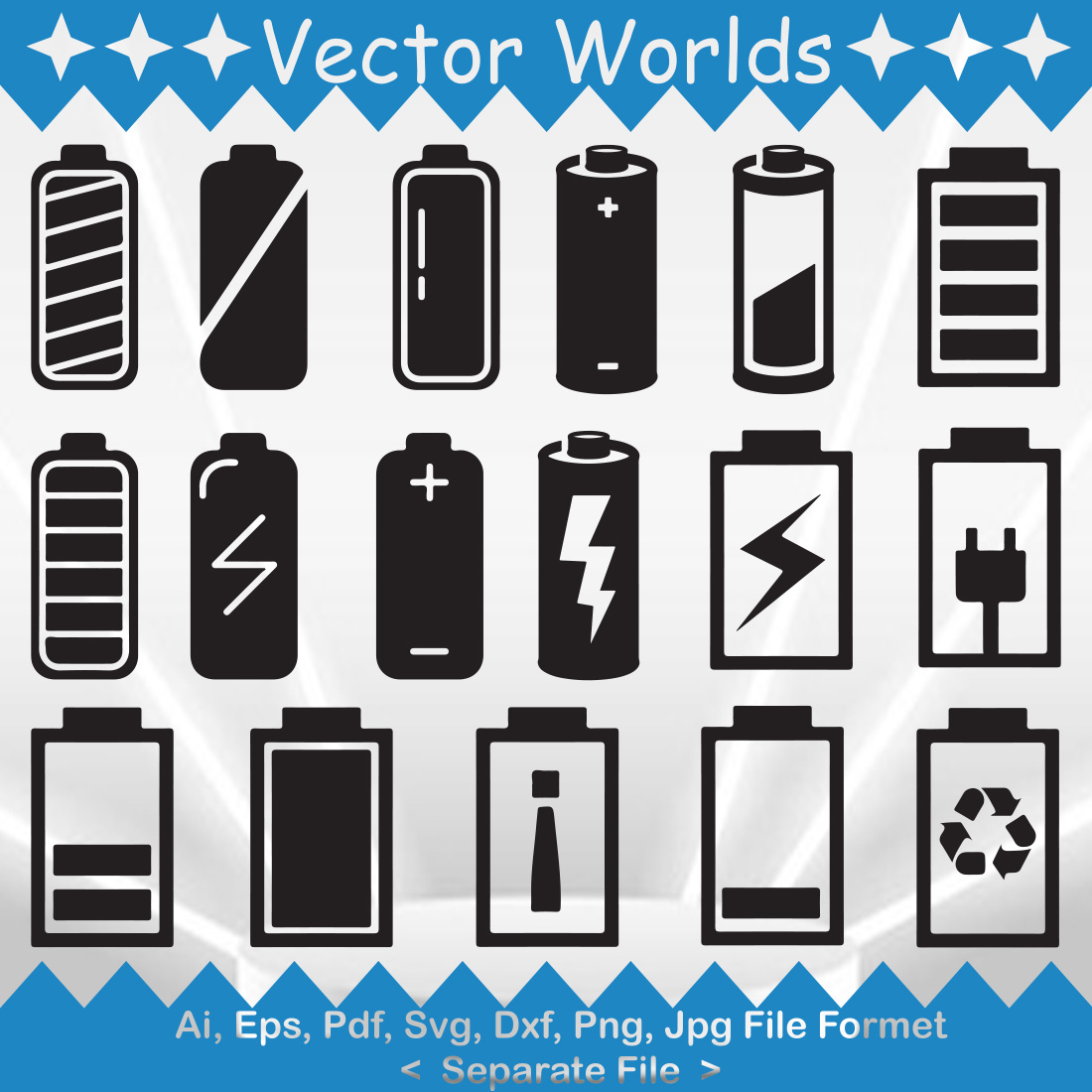 Set of vector colorful images of batteries in black color.