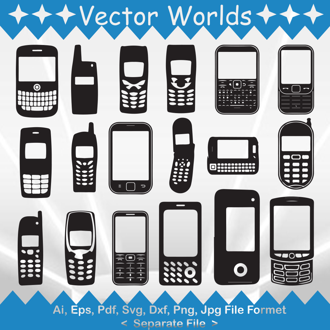 A selection of vector wonderful images of silhouettes of button phones.