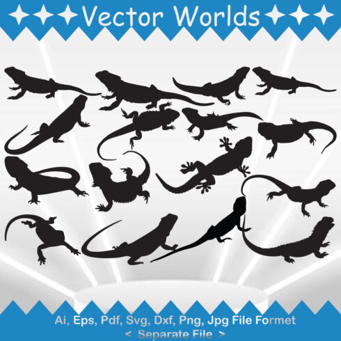 Set of lizards silhouettes on a blue and white background.