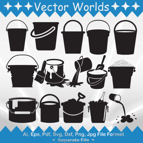 Collection of vector enchanting images of bucket silhouettes.