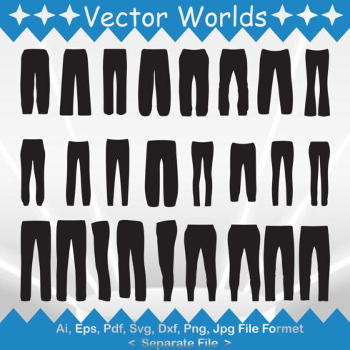 Set of vector elegant images of full pants silhouettes.