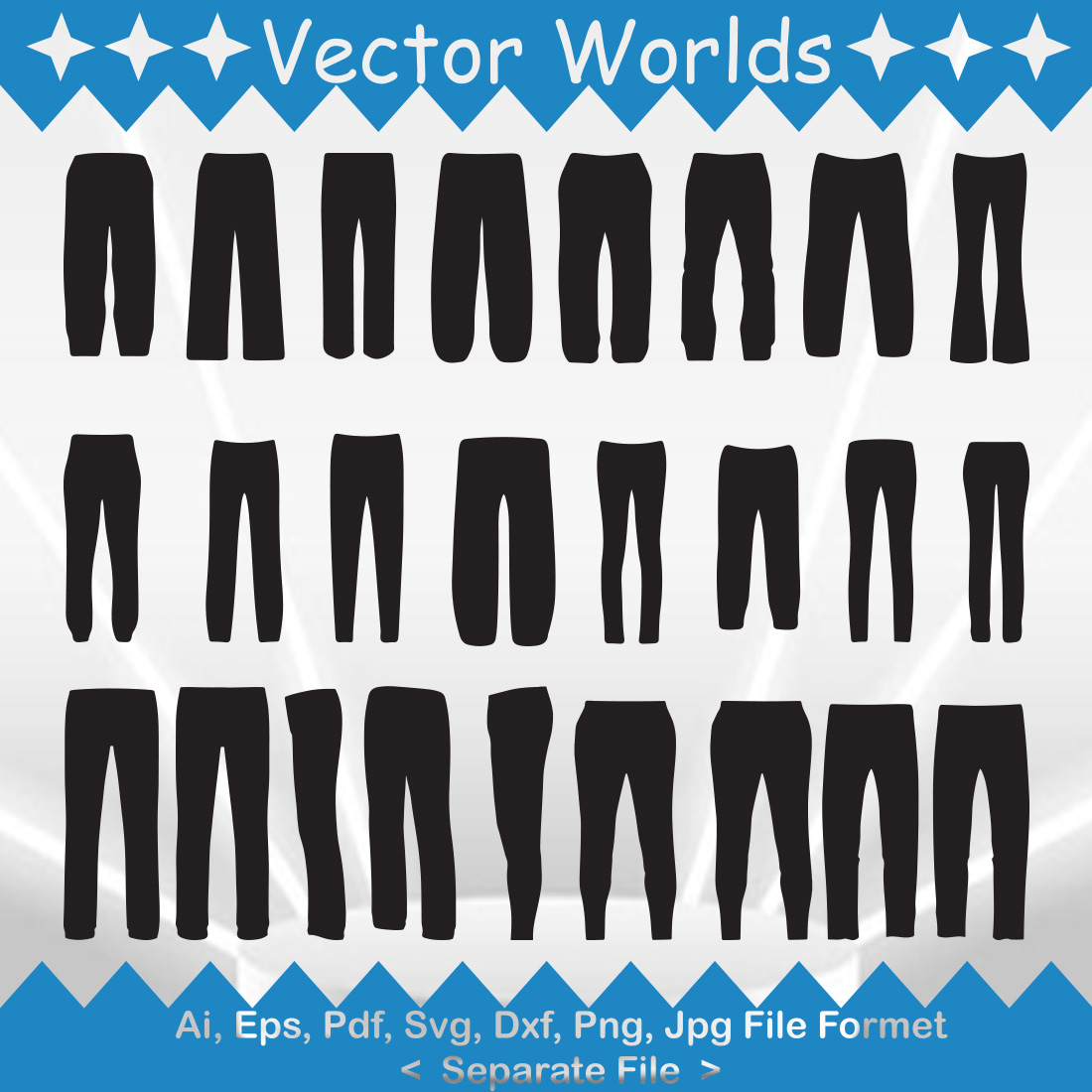 Set of vector elegant images of full pants silhouettes.