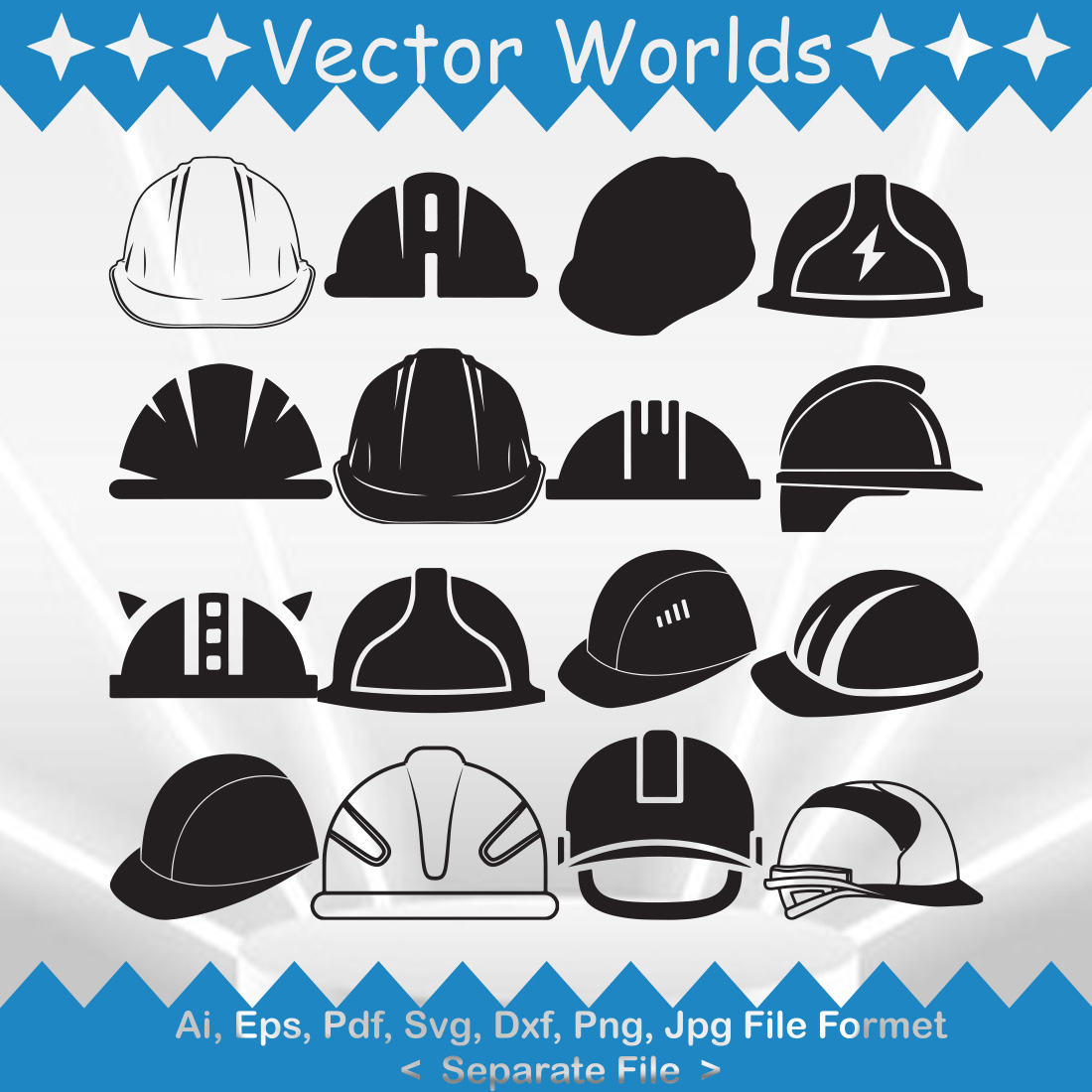 Pack of vector adorable images of hard hat silhouettes.