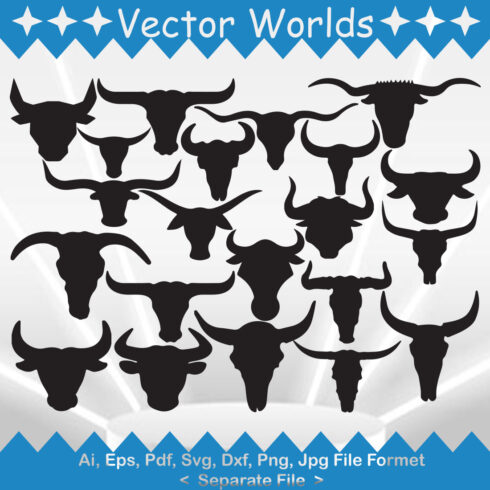 Set of bull heads with long horns.
