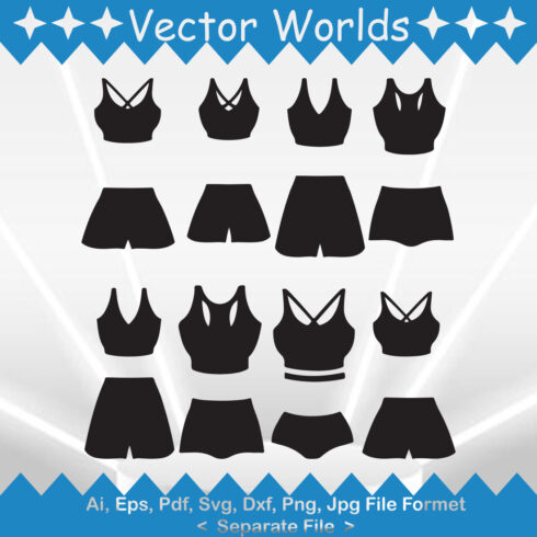 Set of amazing silhouette images of women's sports bras and shorts.