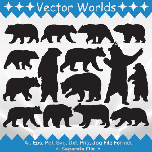 Large set of bear silhouettes on a blue and white background.