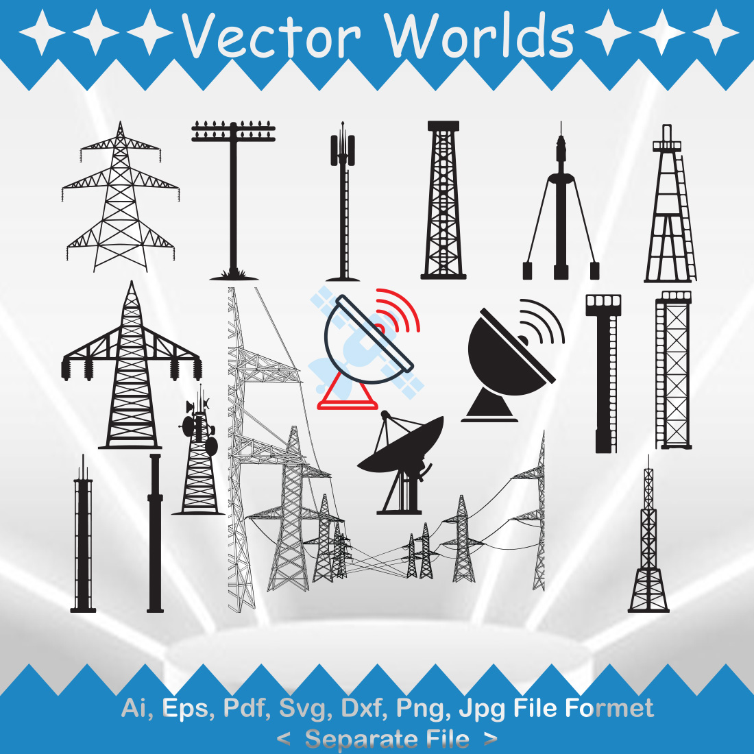 Bundle of vector beautiful images of transmission tower silhouettes.