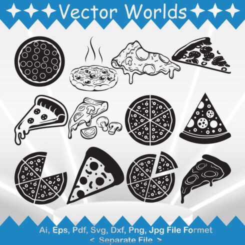 Collection of vector beautiful images of pizza silhouettes.