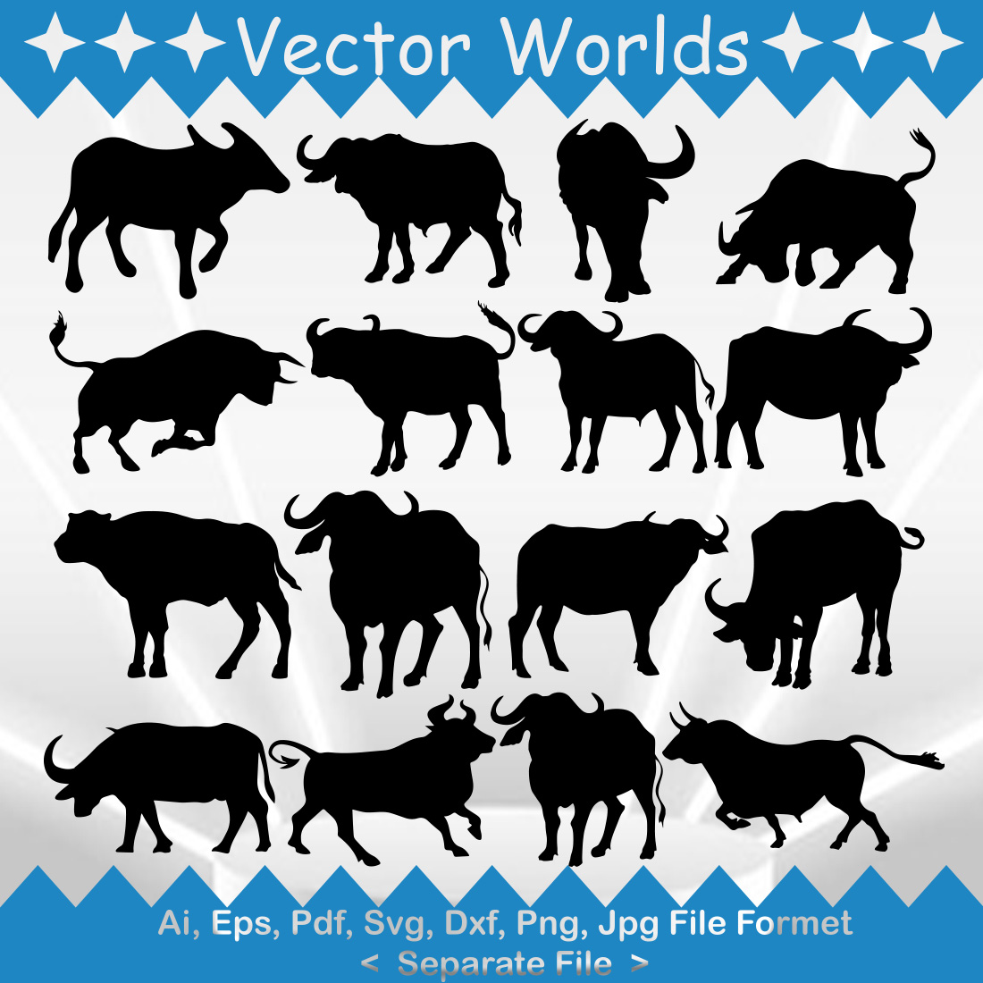 Set of black silhouettes of bulls on a blue and white background.