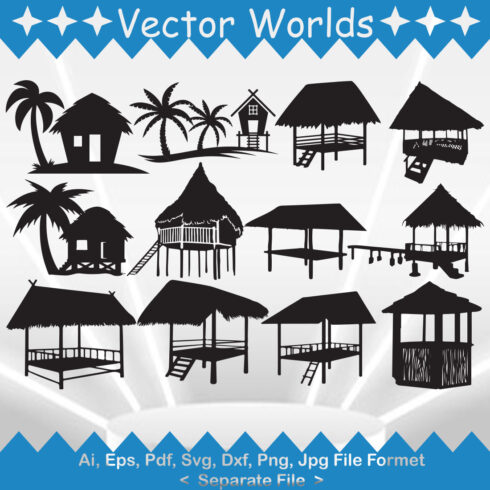 A pack of vector enchanting images of beach huts in black color.
