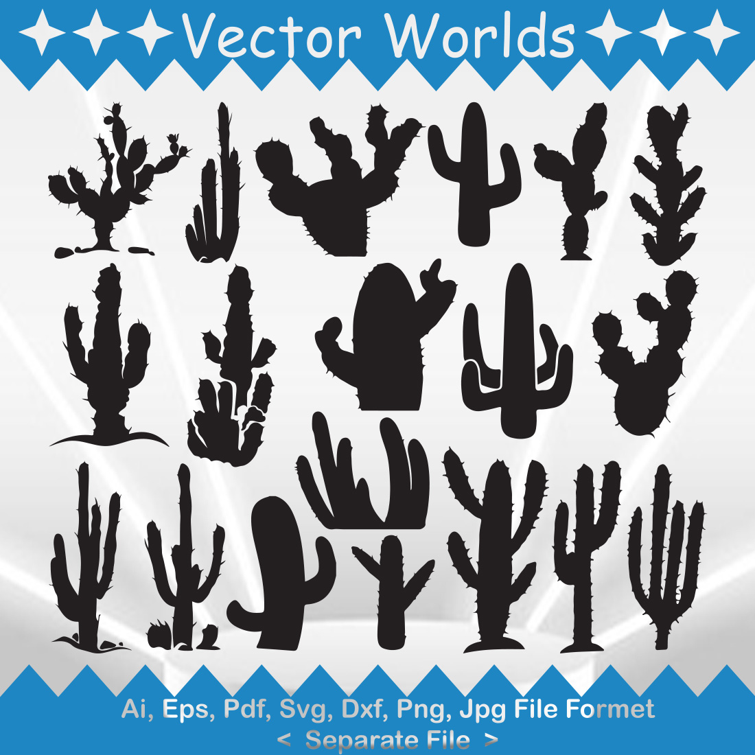 Pack of vector enchanting images of the silhouette of a catus.