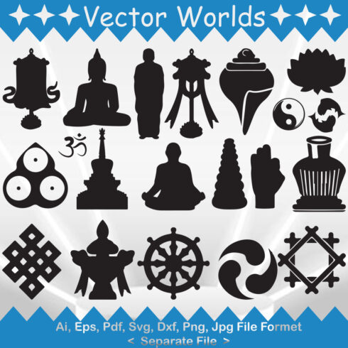 Set of vector gorgeous images of silhouettes of buddha symbols.