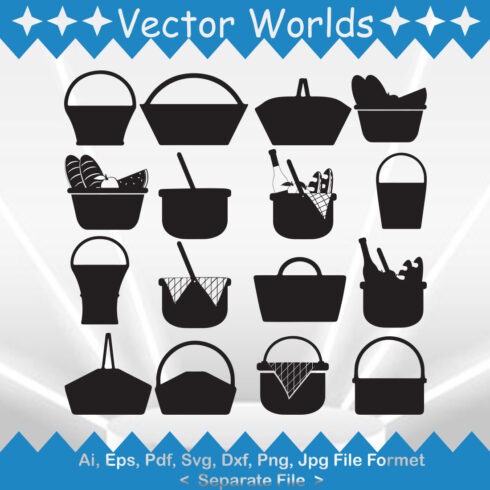 Set of vector unique images of silhouettes of picnic baskets.