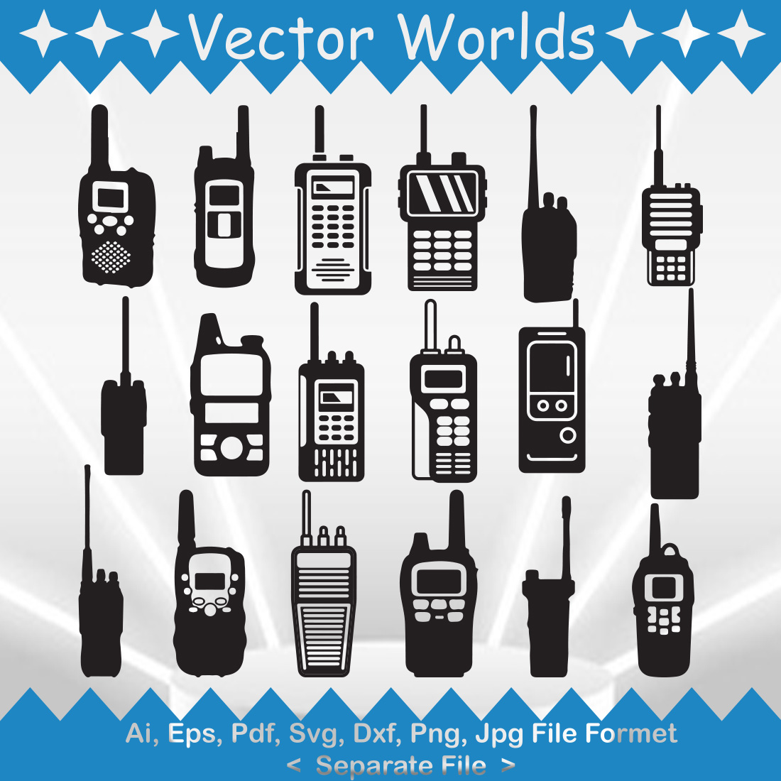 Collection of vector elegant images of walkie-talkie silhouettes.